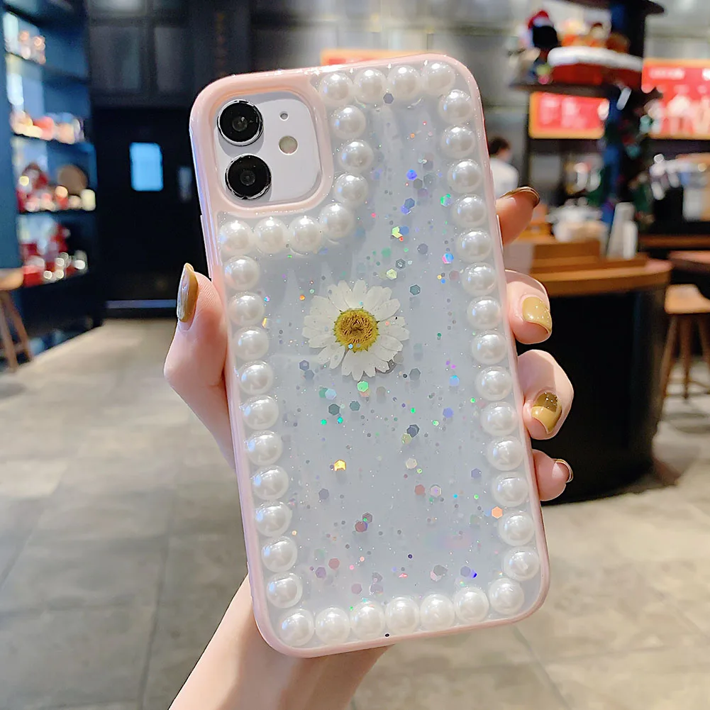 Fashionable 3D Pearl Chrysanthemum Sparkling Transparent Phone Case iPhone 12 X 11 Pro Max Transparent Cover