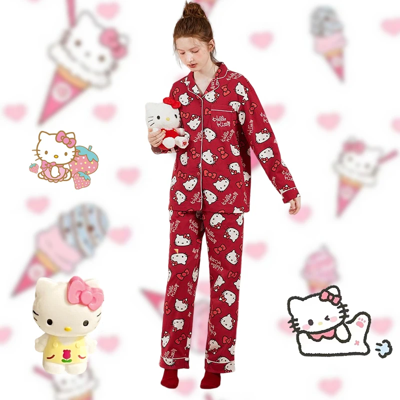 

2023 Cute Hello Kittys Red Pajamas Set Kawaii Sanrio Cartoon Anime Bedroom Long Sleeved Trousers Nightdress Girls Toys Girls