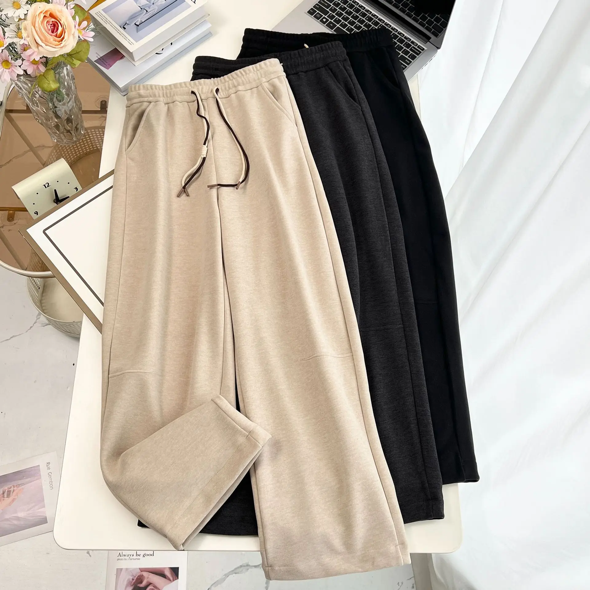 XXXXL Fashion Plus Size Women's Straight Leg Pants Autumn And Winter New Fleece Drawstring Elastic Waist Casual Trousers 808