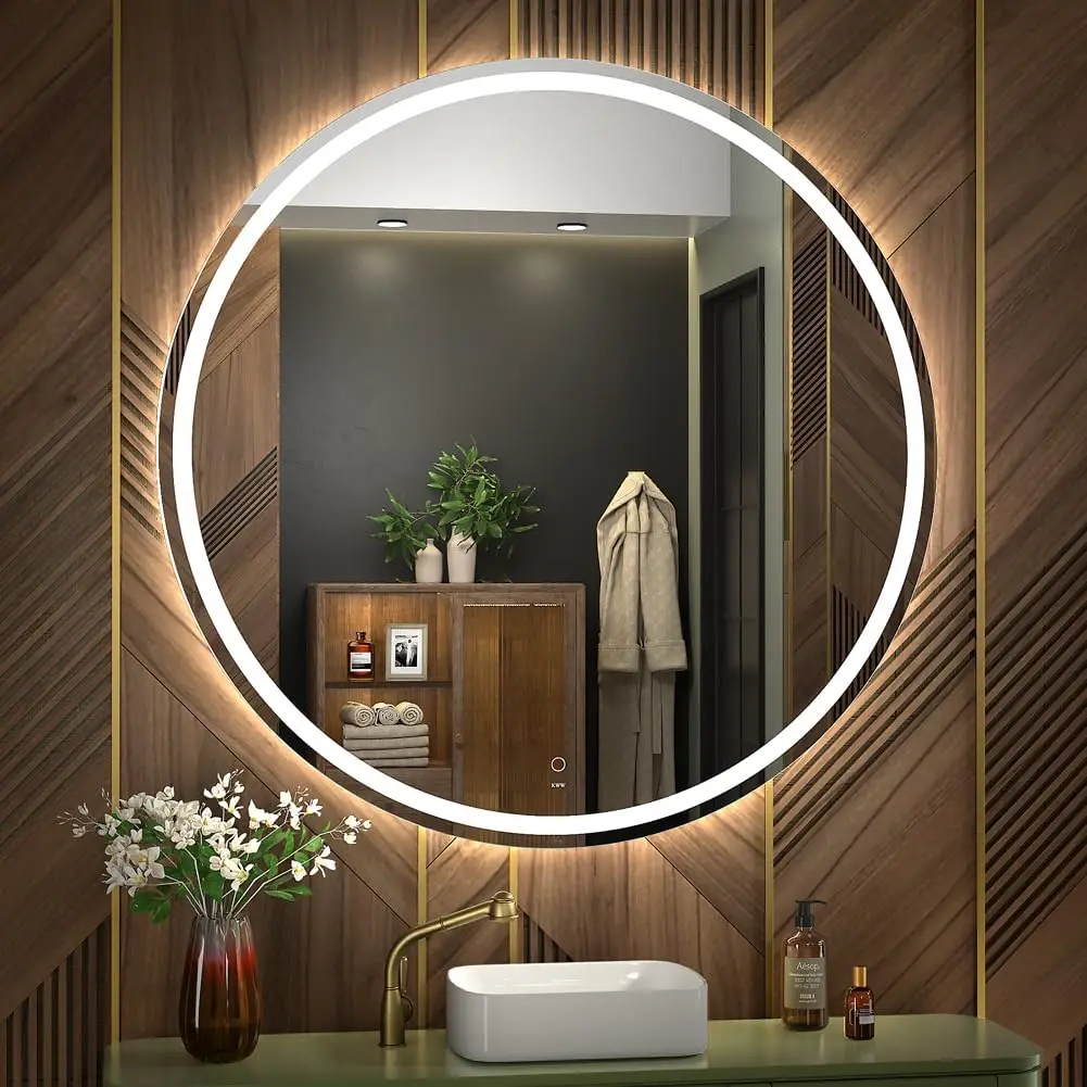 LED Round Bathroom Vanity Mirror, Color Temperature Adjustable, Anti-Fog
