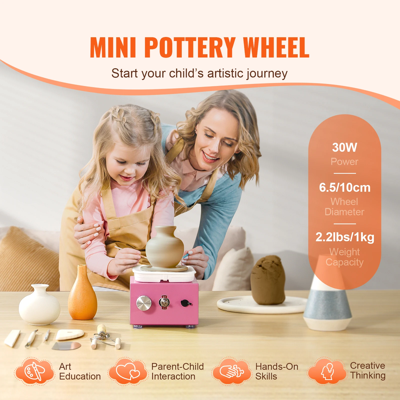 Pink Mini Pottery Wheel Adjustable Speed Detachable Basin