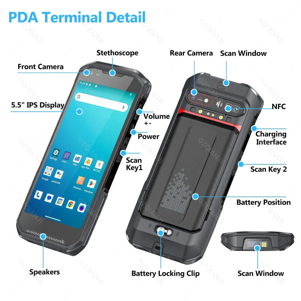 6G64G PDA 터미널 안드로이드 13 NFC 블루투스 와이파이 GPS 그립 2D 바코드 스캐너 리더 데이터 수집기 모바일 창고 장치