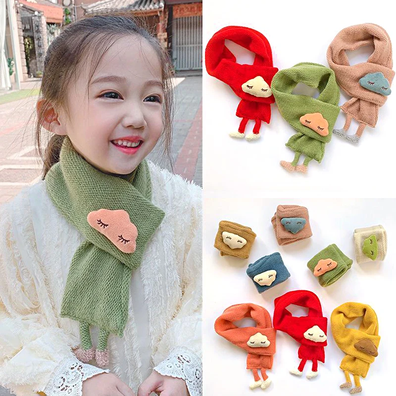 Soft Crochet Knitted Scarf Children Cartoon Clouds Cross Cover Winter Warm Thicken Shawl Girls Solid Color Cotton Scarves Gift