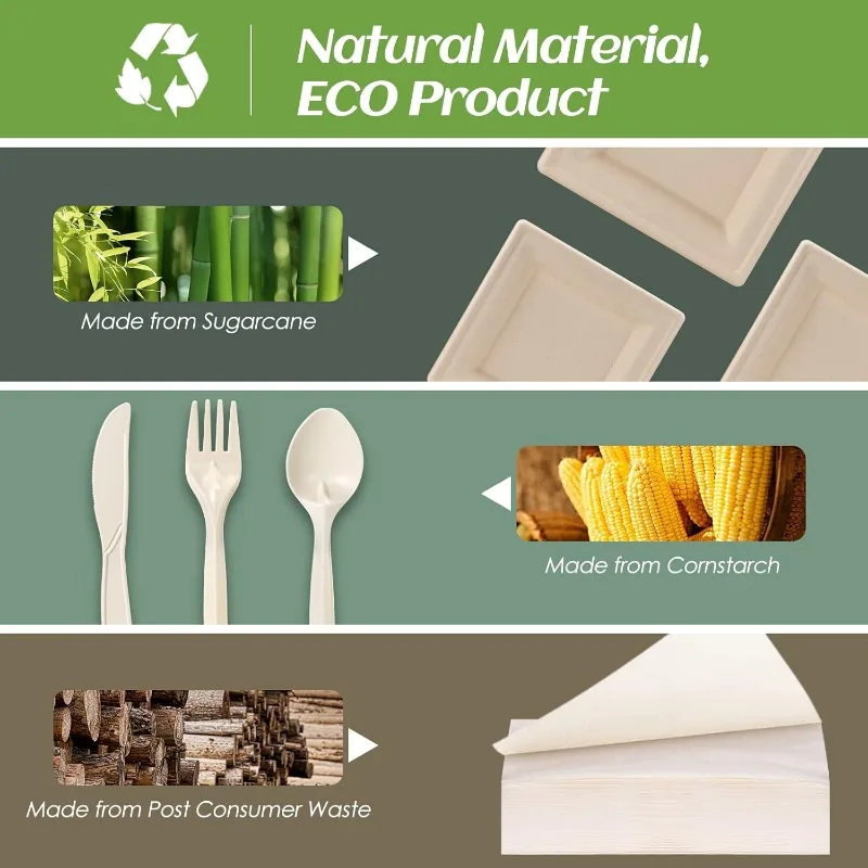 Compostable Party Paper Plates Set -[300 Pcs] 10 inch&8 inch Square Brown Paper Plates Heavy Duty, Utensils and Napkins-Eco