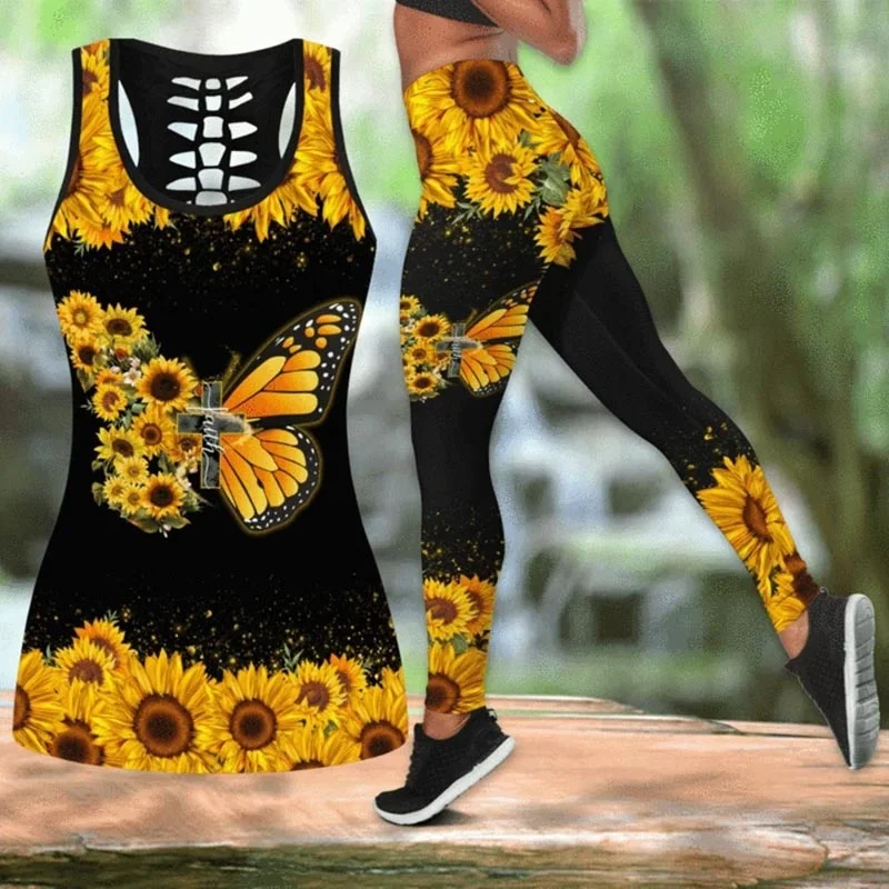 

New Sale Seamless Women Yoga Pants Faith Sunflower and Butterfly Black Hollow Tank Top and Legging