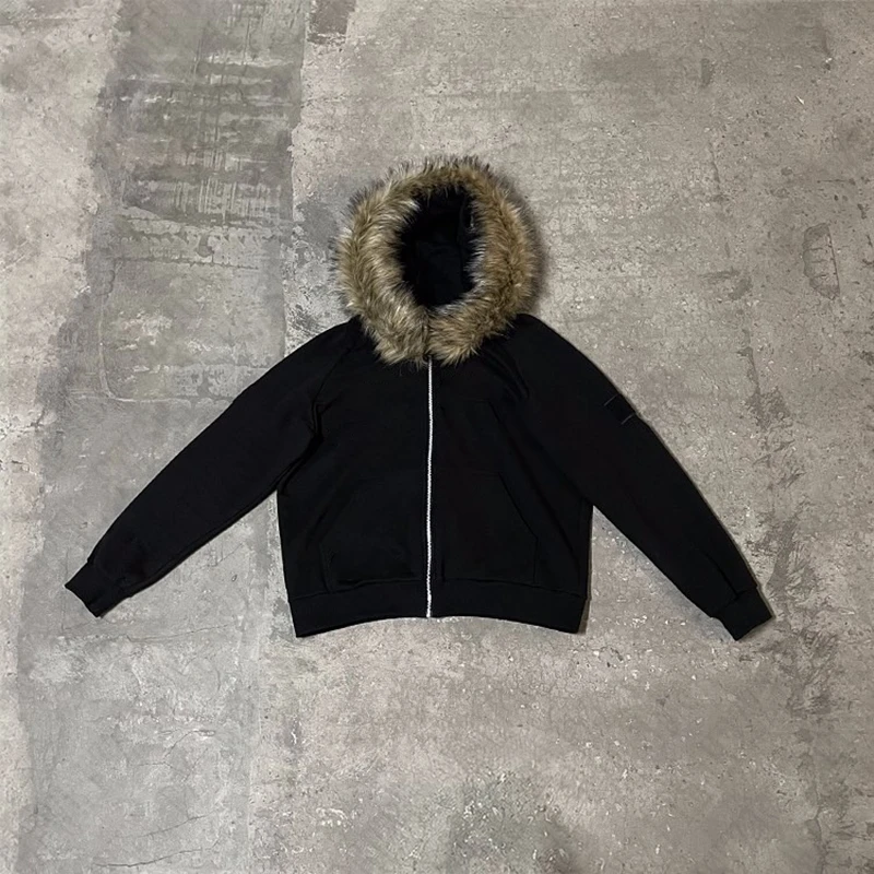 Y2K Zip up Hoodie Solid color Plush Coat Men Clothes Fur