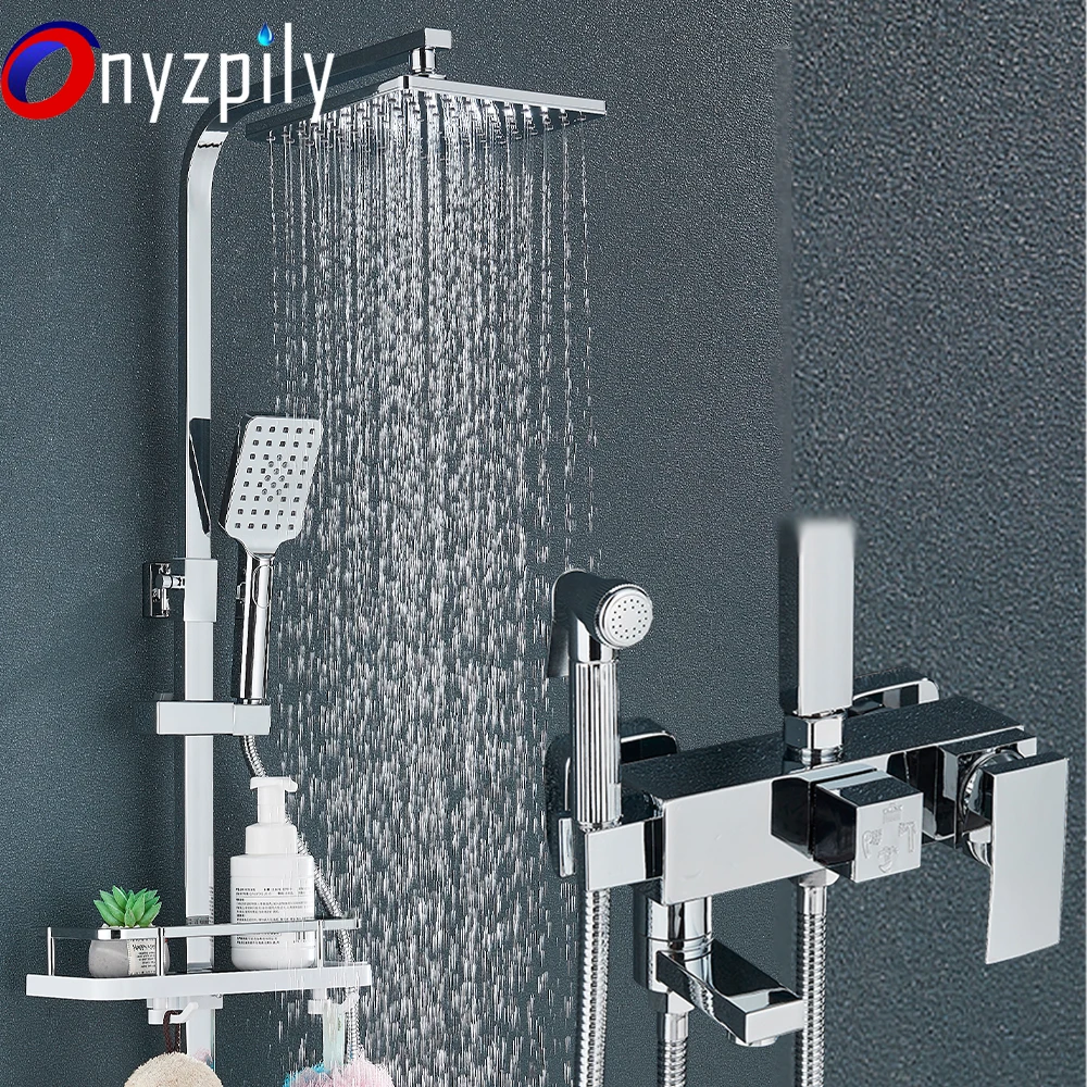 Matte Black Shower Mixer Crane Bidet Faucet Stainless Steel Rainfall Shower Set Bathroom Shower Mixer Shower Spray With Shelf