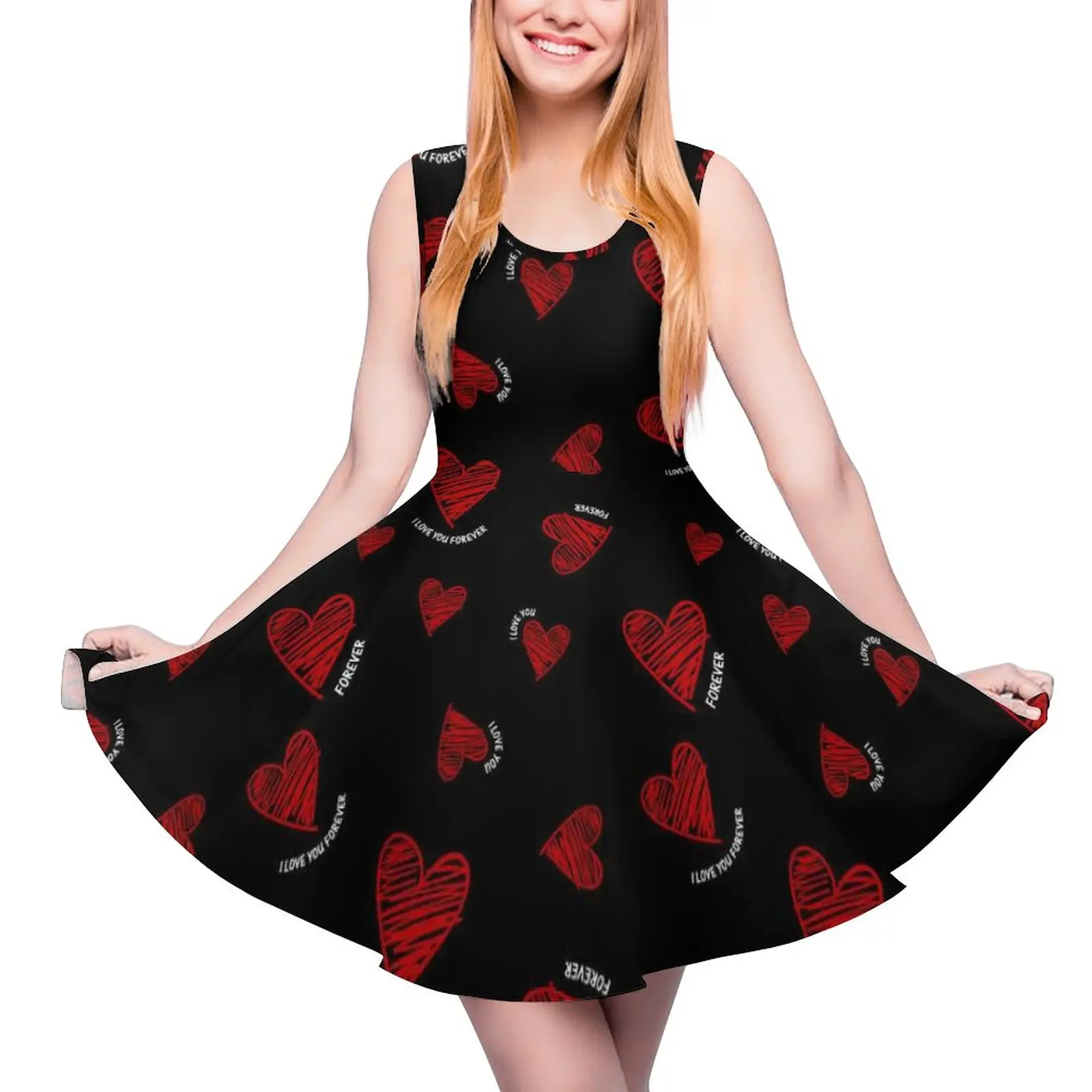 

Red Heart Print Dress I Love You Forever Boho Dresses Sleeveless Street Wear Skate Dress Woman Pattern Vestidos Gift