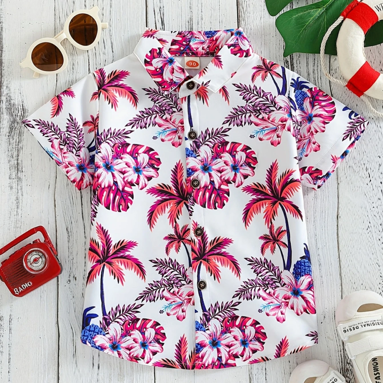 Boys Flowers and Leaves Print Short Sleeves Shirt Hawaiian Style for Vacation Beach Kids Summer Clothes O-Neck Children's Shirt
