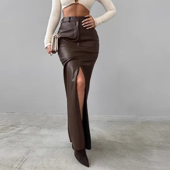 Women's Split Design Solid Color High Waist Pu Leather Skirt 2026 Spring Fall Office Lady Trendy Streetwear Long Skirts 1