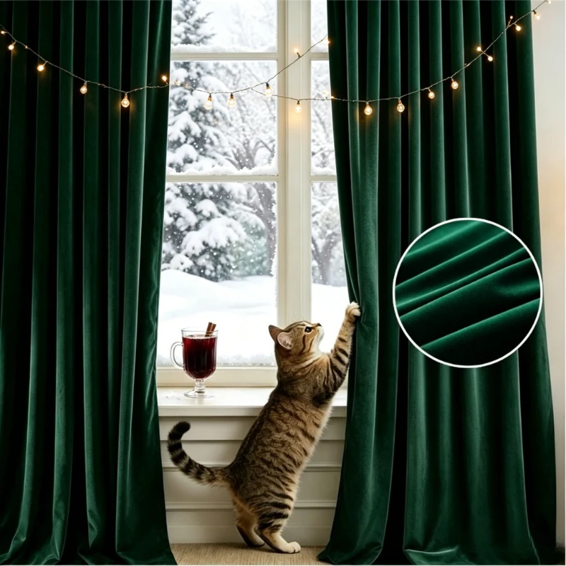 Cortinas Europeas de Terciopelo Verde, Color Sólido, Opacas, de Lujo, 1 Pieza, para Sala de Estar, Comedor, Dormitorio, Decoración Elegante y Moderna