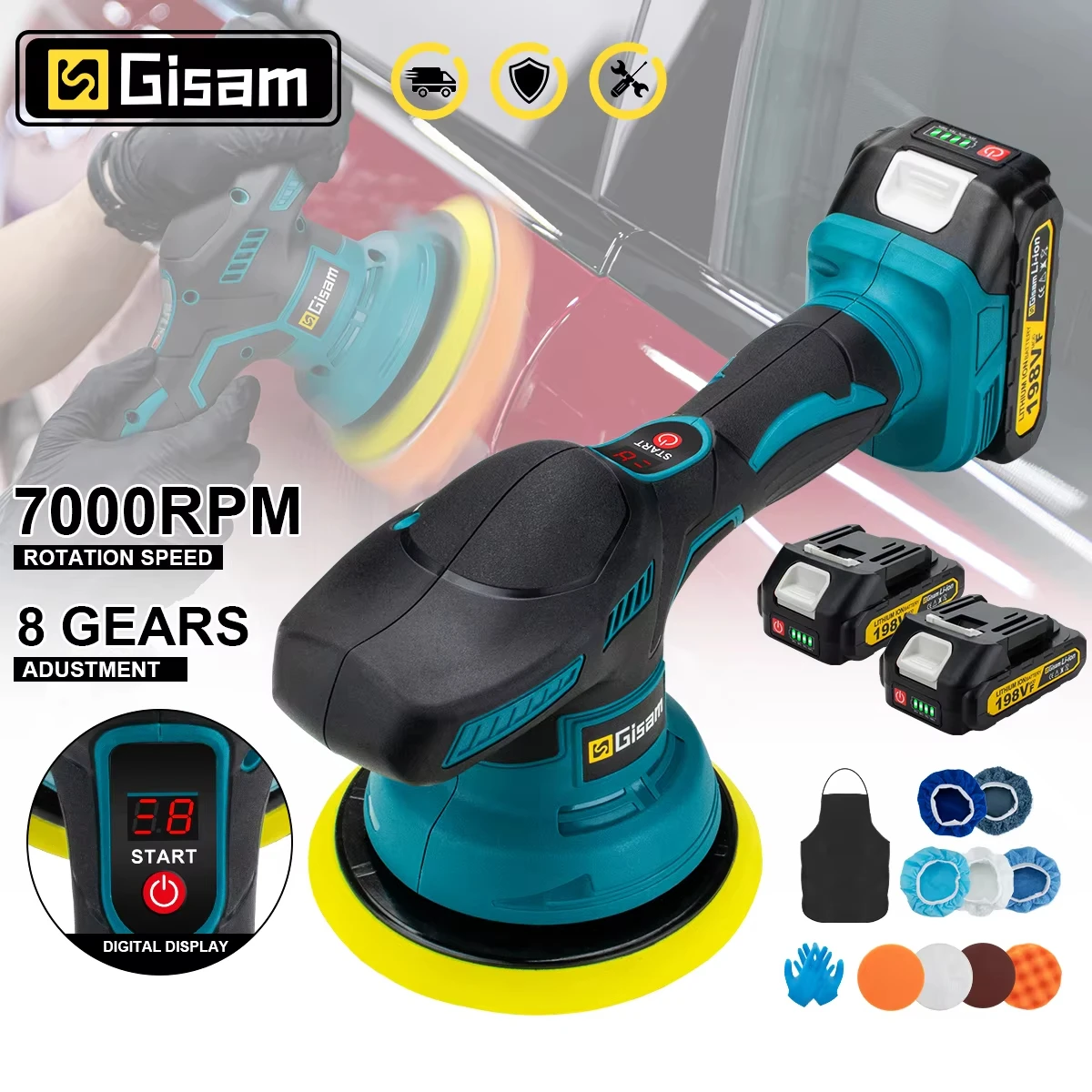 Gisam Cordless Car Polisher 8 Gears Adjustable Auto Electric Waxing Sanding Sealing Glaze Power Tool Fit Makita 18v Battery Pin 1