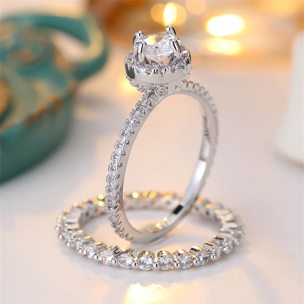 2pcs/Set Round Stone White Zircon Ring Sets For Women Vintage Silver Color Engagement Bands Wedding Jewelry Set Versatile Gifts