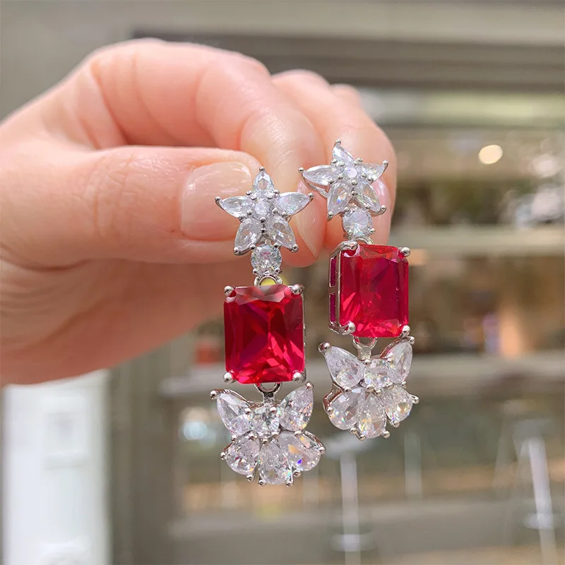 

Boho Emerald Pink High Carbon Diamond Earring Butterfly Flower For Women Tassel Pendant High Quality Jewelry Wedding Friend Gift