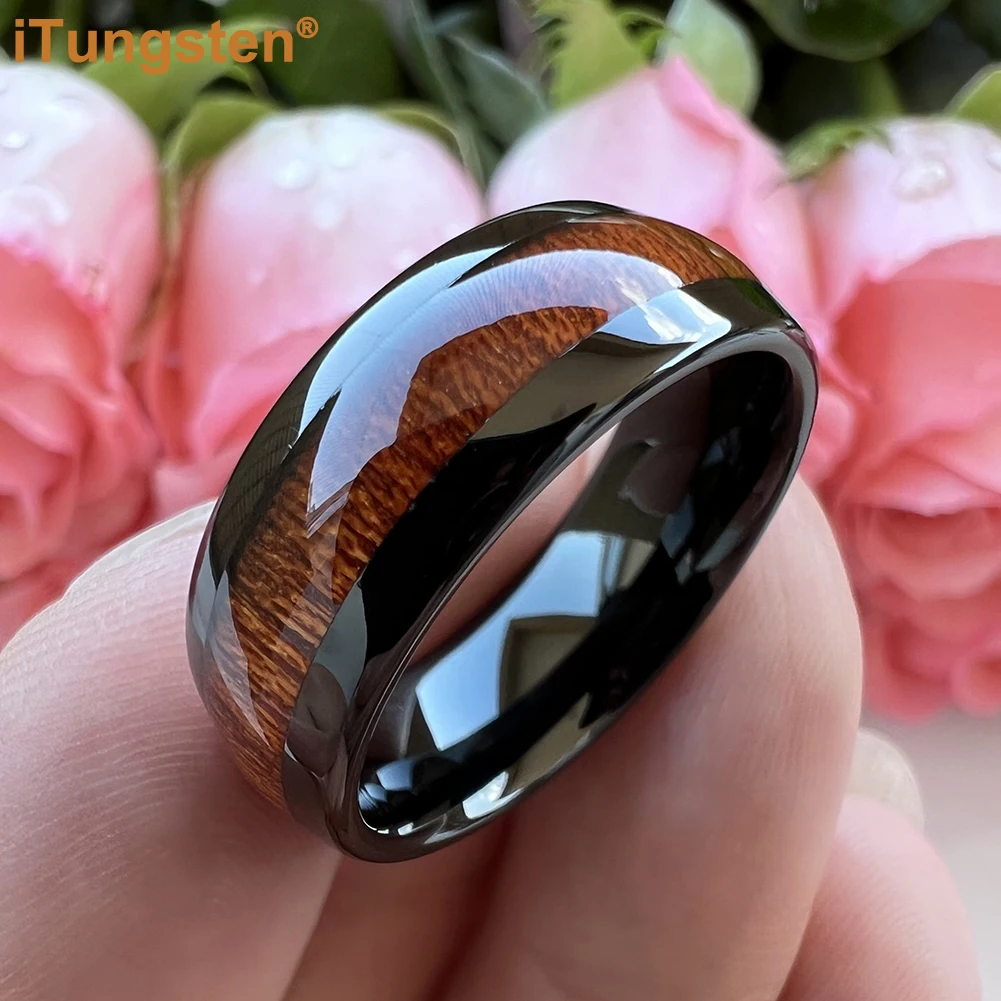 iTungsten 6mm 8mm Gold Plated Tungsten Ring for Men Women Engagement Wedding Band Fashion Jewelry Real Wood Inlay Comfort Fit