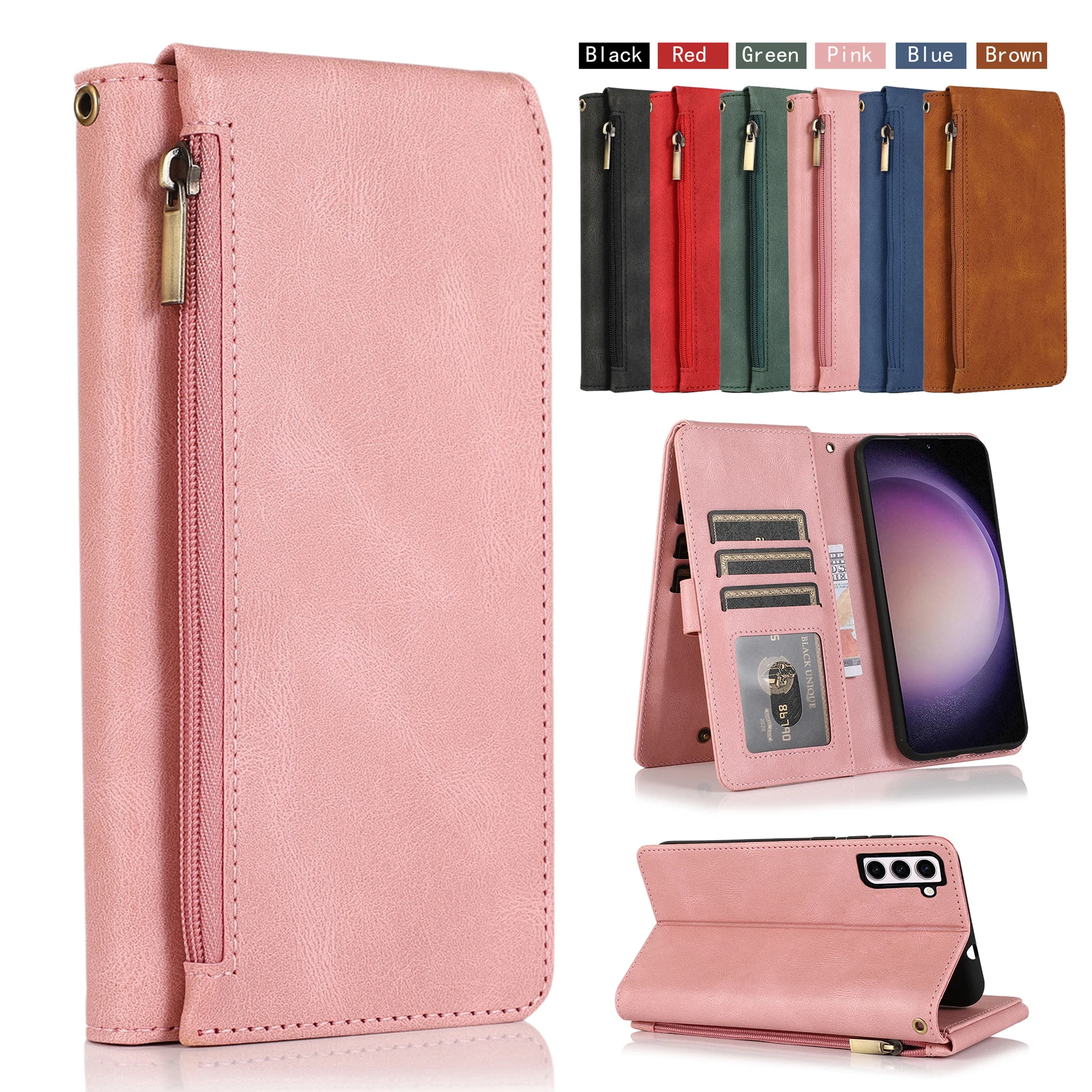 

Flip Cover Leather Zip Pocket Vertical Bracket Wallet Phone Case For Samsung Galaxy J6 Plus 2018/Feel 2/On6 J5 Pro Prime On5