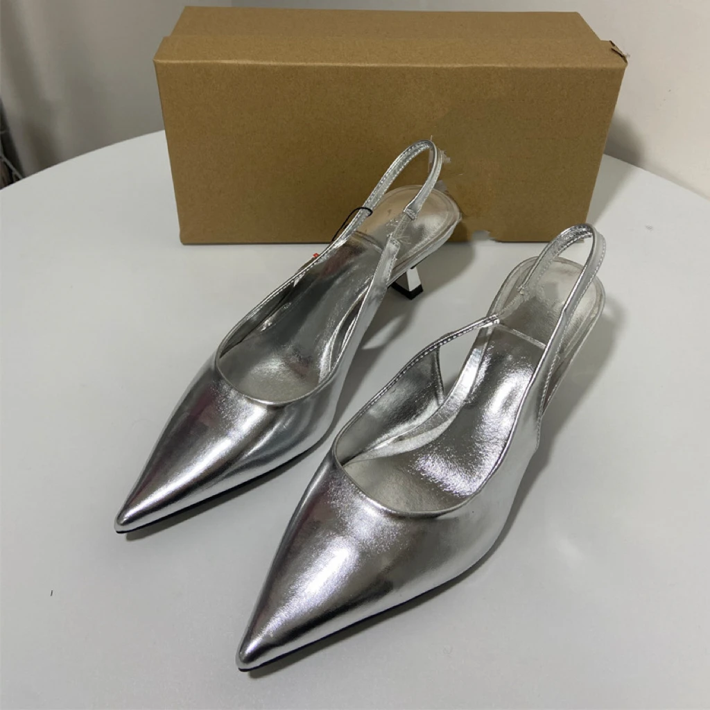 

ZA Shoes New 2023 Summer Pointed Toe Stiletto Silver High Heels For Women Metal Trend Fashion Sandals For Women
