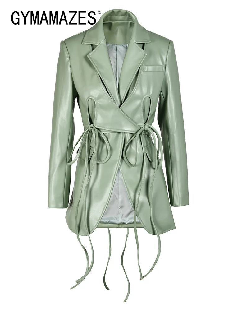 

GYMAMAZES Minimalist PU Leather Blazers For Women Notched Collar Long Sleeve Patchwork Lace Up Tunic Hollow Out Blazer Female