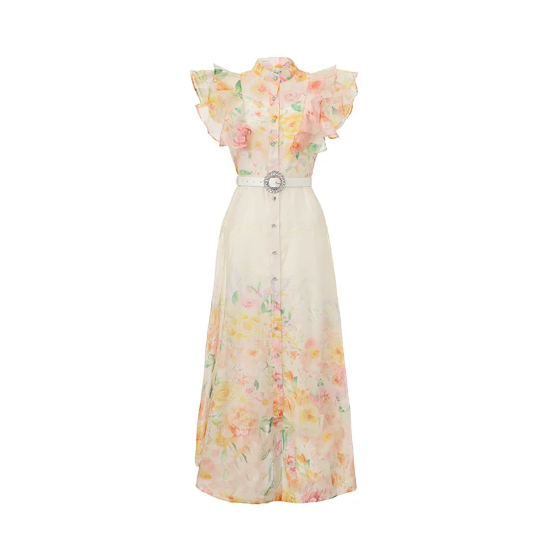 Abito da sera elegante vintage da donna in stile Mori francese, senza maniche, con collo alto, monopetto e cintura - immagine 5