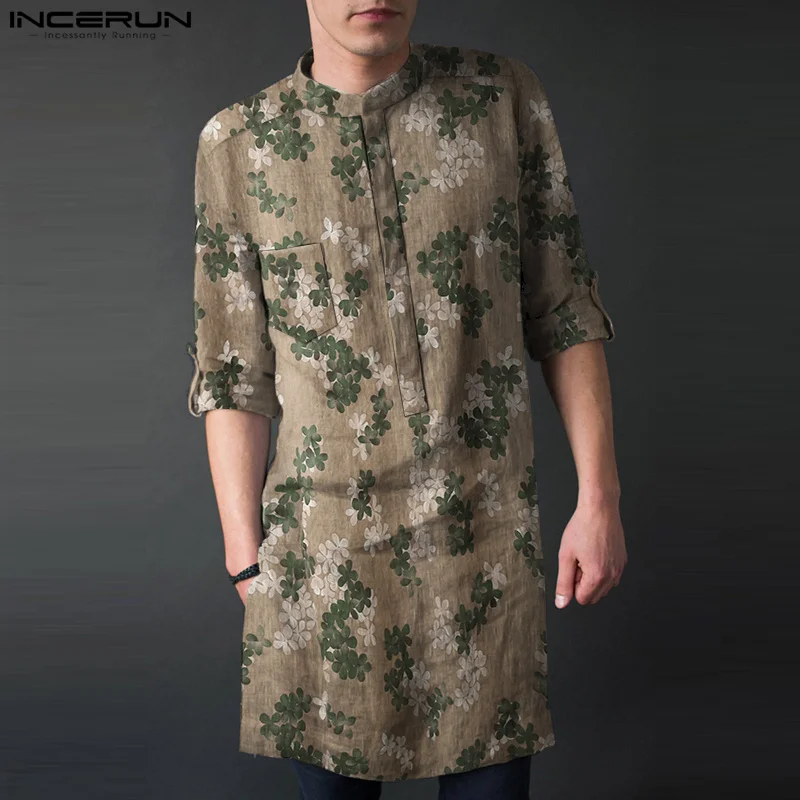 

2023 Men Muslim Shirt Printing Stand Collar Long Sleeve Vintage Islamic Arabic Kaftan Retro Casual Male Muslim Clothing INCERUN