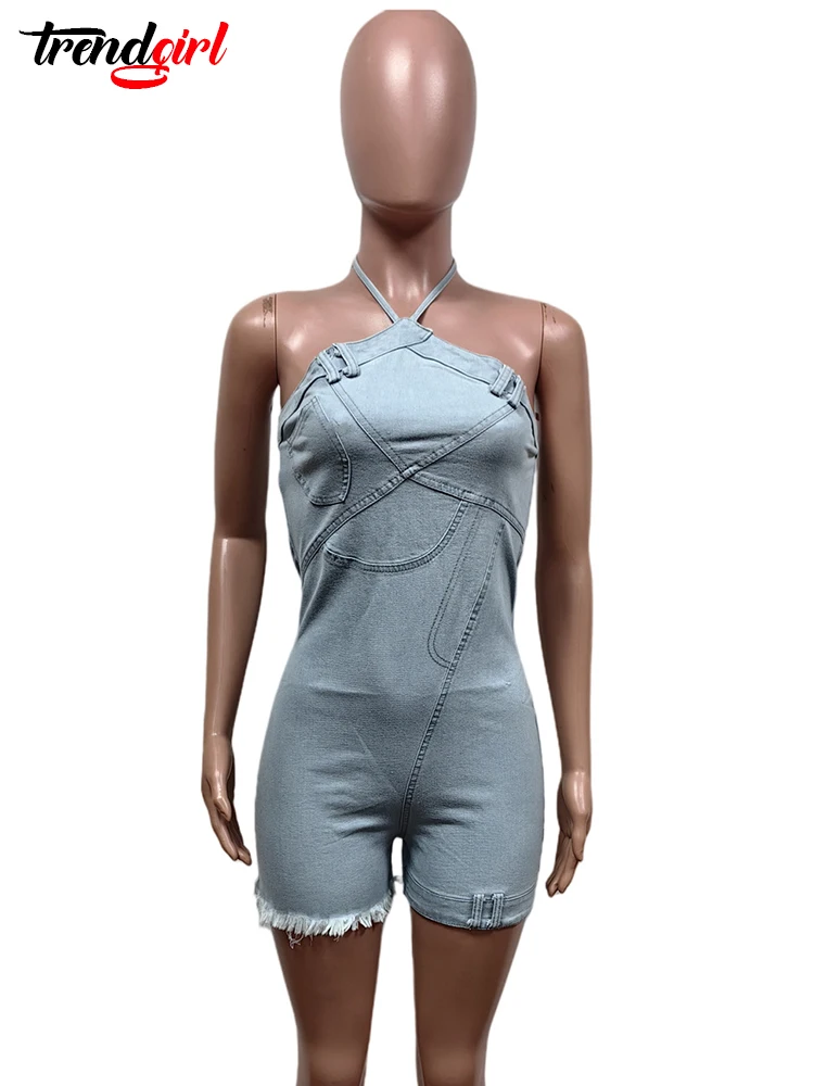 Trendgirl Sexy Lace-up Halter Denim Stretch Short Jumpsuit Women Backless Night Club One Pieces Romper Birthday Jean Playsuits