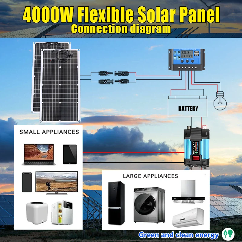 4000W Solar Kit System 110V/220V 6000W Blue Inverter 12V Battery Charging 100A Controller for Home/RV/Military Camping