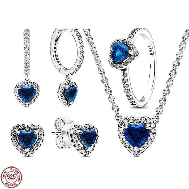 

New Deep Blue Heart Series Jewelry Set 925 Sterling Silver Brilliant Heart Ring Necklace Earrings Charming Luxury Jewelry Gifts