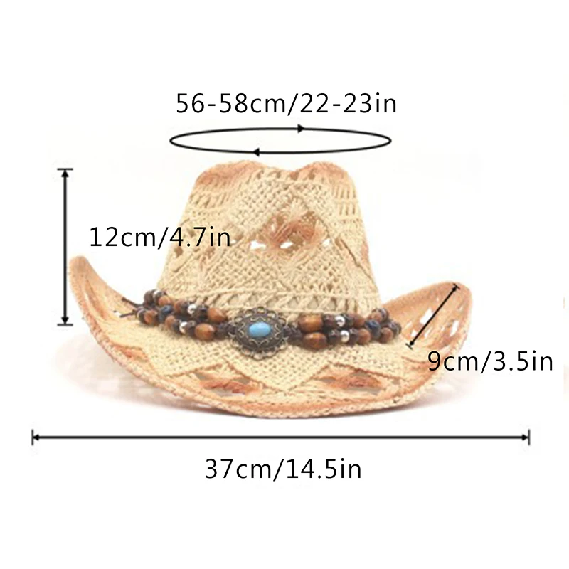 Combhasaki Y2K Retro Cowboy Hat Creative Curled Straw Hollow Design Ethnic Style Beads Chain Decoration Shade Straw Hat