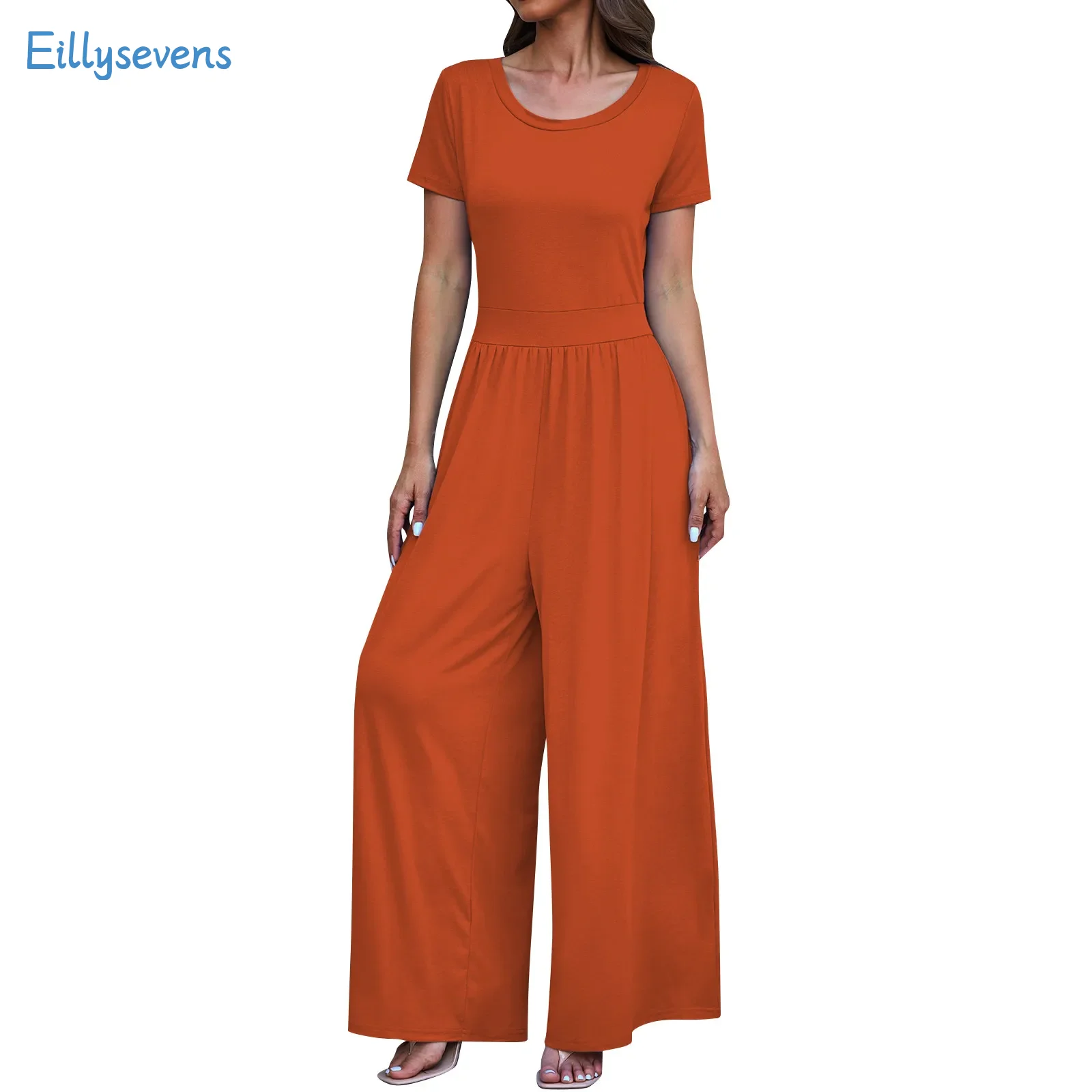 

Jumpsuits For Women Causal Loose Wide Leg Jumpsuits Round Collar Short Sleeves Tops Comfy Stretchy Solid Color Jumpsuits