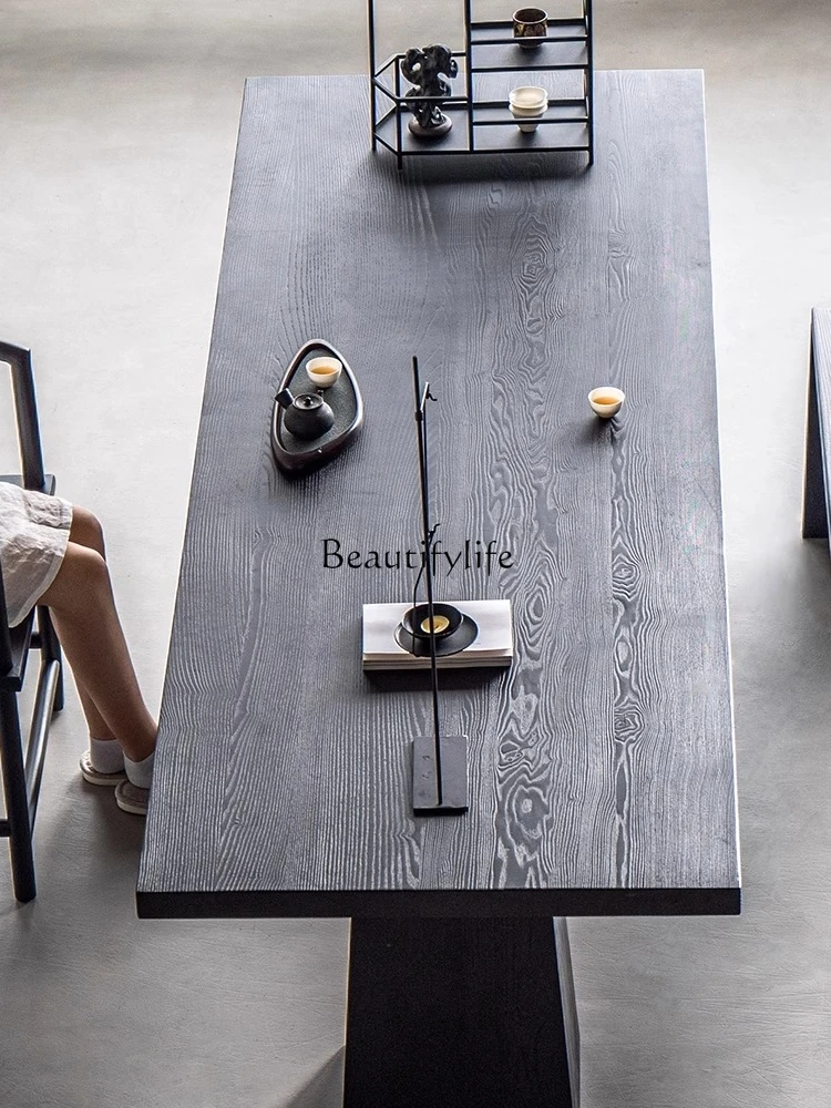 

Silent Style Ash Wood Tea Table Household Black Solid Wood Dining Table Carbonized Log Desk