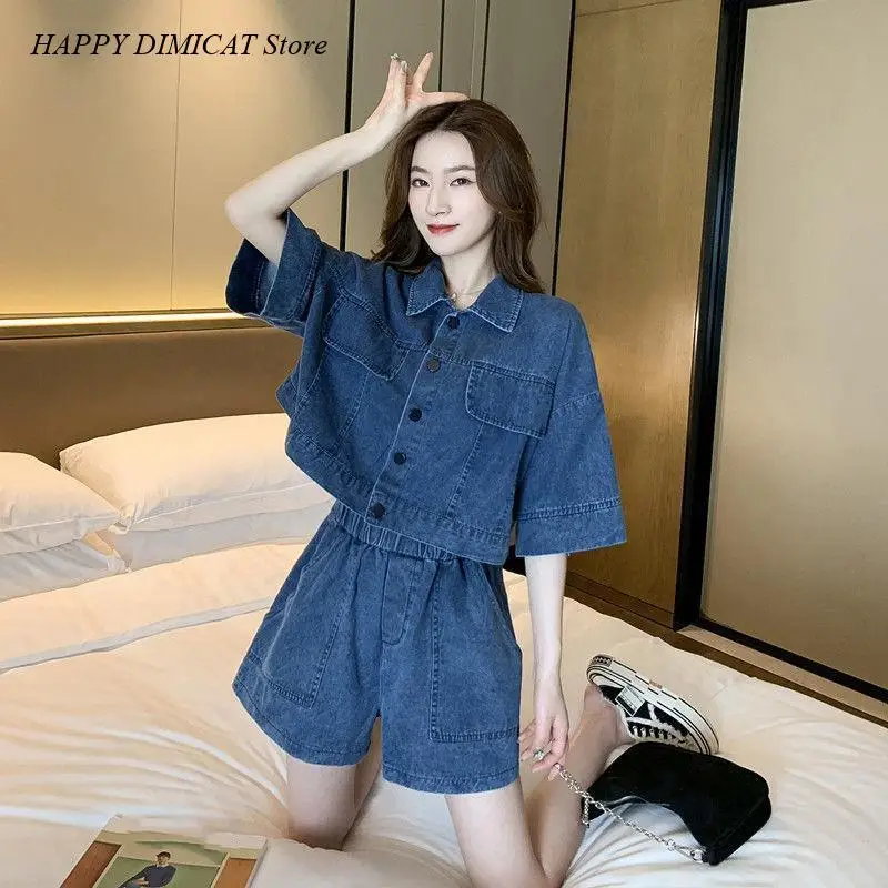 Female Denim Suits Women Denim Sets Summer  New 2 Piece Set Solid Short Sleeve Coat + Shorts Jeans Sets Office Lady Elegant kakan europe and the united states new suspenders jeans ripped letter denim shorts workwear jeans k34 618