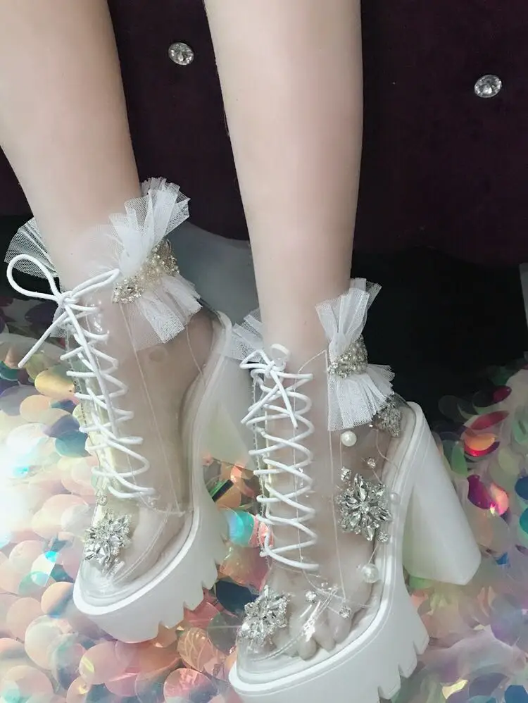 

UVRCOS Bling Bling Handmade Crystal Ankle Boots Sexy PVC Lace-up Chunky Heels Platform Shoes Women Lace Embroidery Riding Boots