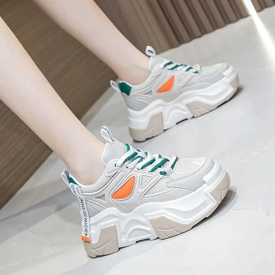

Krasovki 6CM 2024 Air Mesh Genuine Leather Summer Platform Wedge Chunky Sneaker Hollow Lace Up Women Vulcanize Breathable Shoes