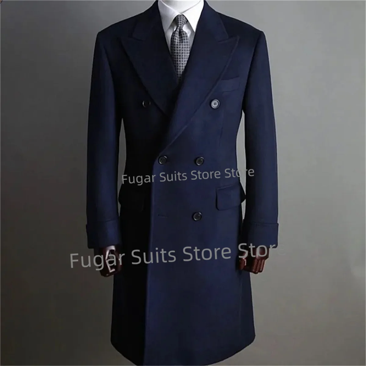 Office Work Navy Blue Long Suits For Men Slim Fit Peak Lapel Double Breasted Groom Tuxedos Prom Luxuly Male Blazer Costume Homme