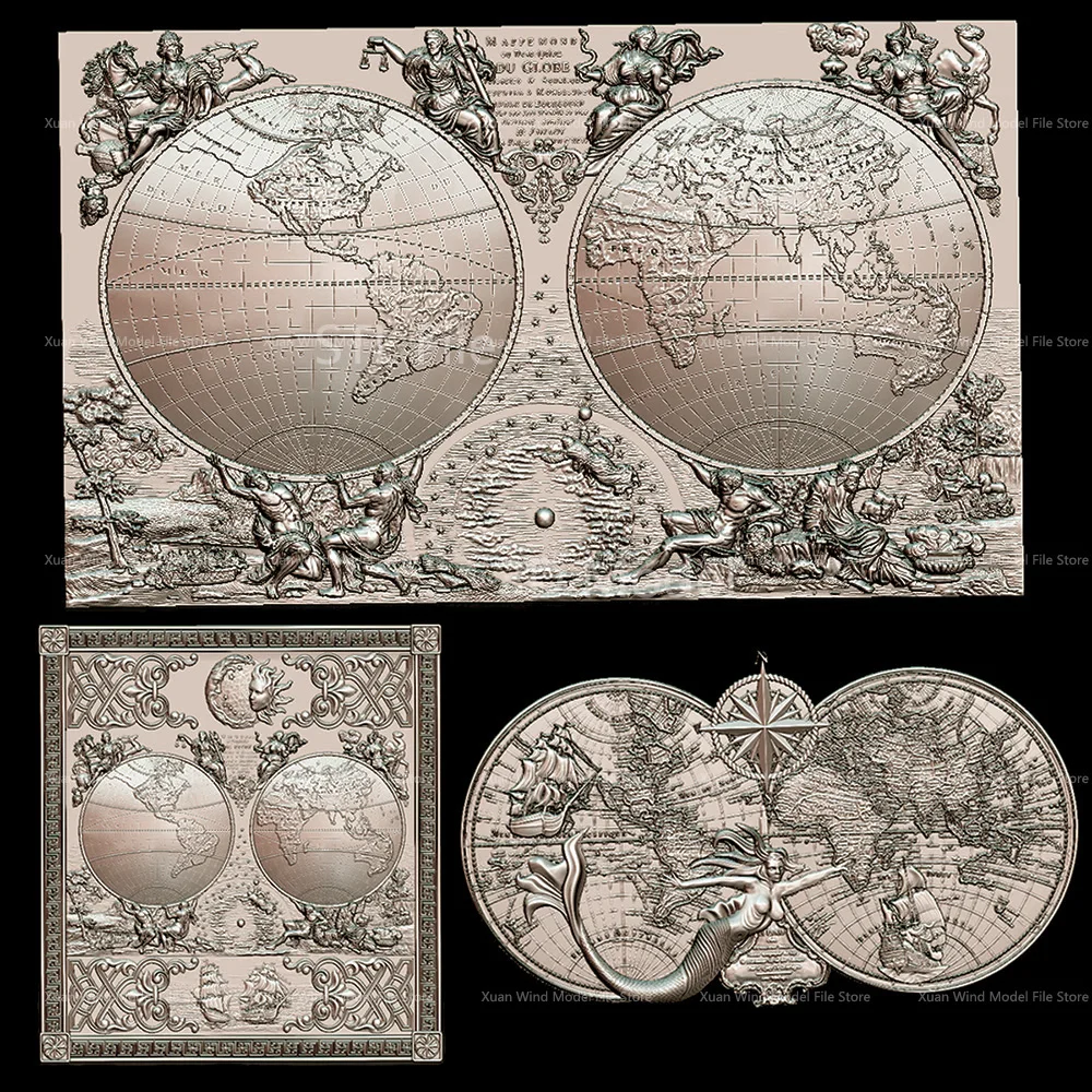 3D Model STL World map 3pcs For CNC Router Aspire Artcam Cut3D Vcarve