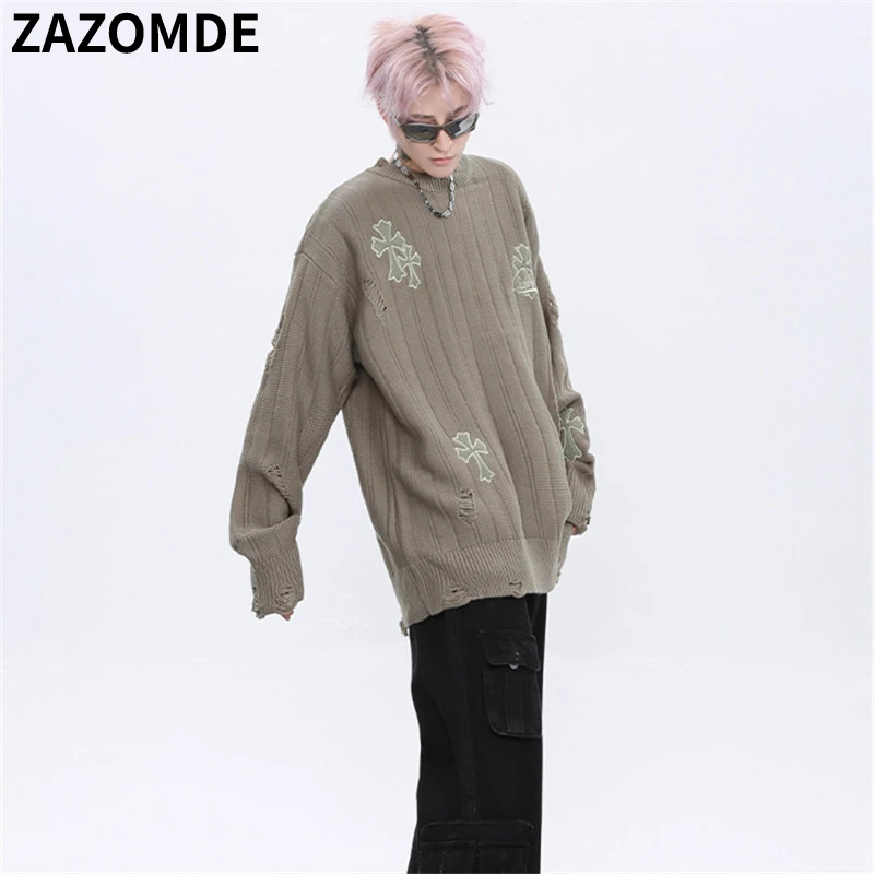 ZAZOMDE 2022 Knit Sweaters Men Streetwear Hip Hop Pullovers Jumper Fashion Oversized Sweaters   All-match Men Winter Clothes