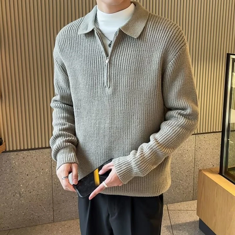2024 Spring Half Zip Knitted Sweater Men Long Sleeved Casual Sweater Lazy Style Lapel Knitwear Tops Streetwear Men Clothing