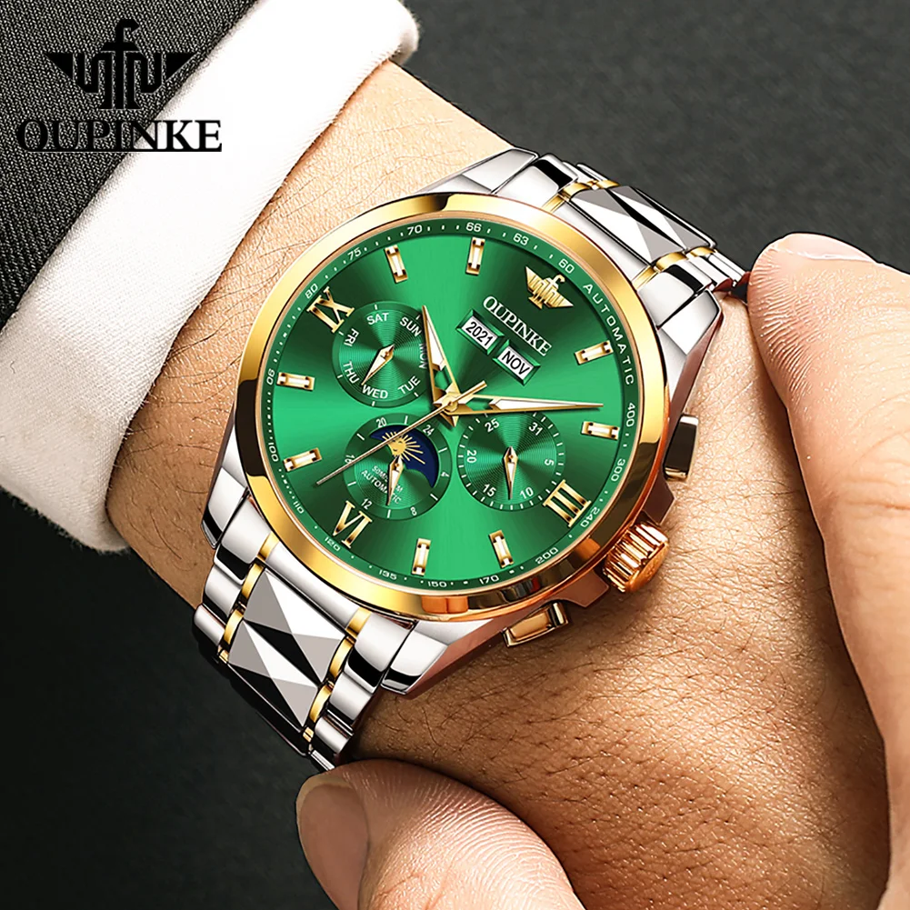 OUPINKE TOP Brand Automatic Watch for Men Moon Phase Sapphire Mirror Man Business Wristwatch Waterproof Chronograph Clock 3201