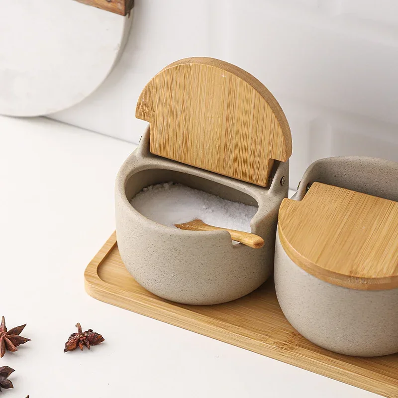 Ceramic Spice Jar with Bamboo Lid for Kitchen Storage