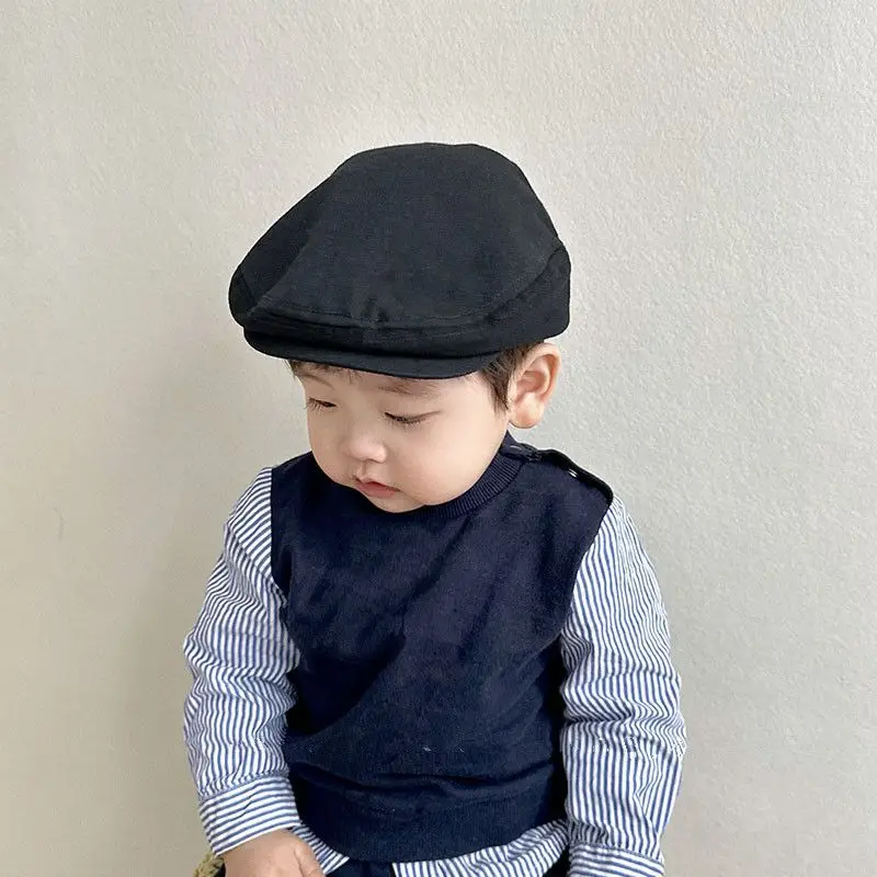 Korean Embroidered Kids Beret Hat Solid Letter Baby Adjustable Drawstring Forward Summer Cotton Children Flat Peaked beret hat woolen beret