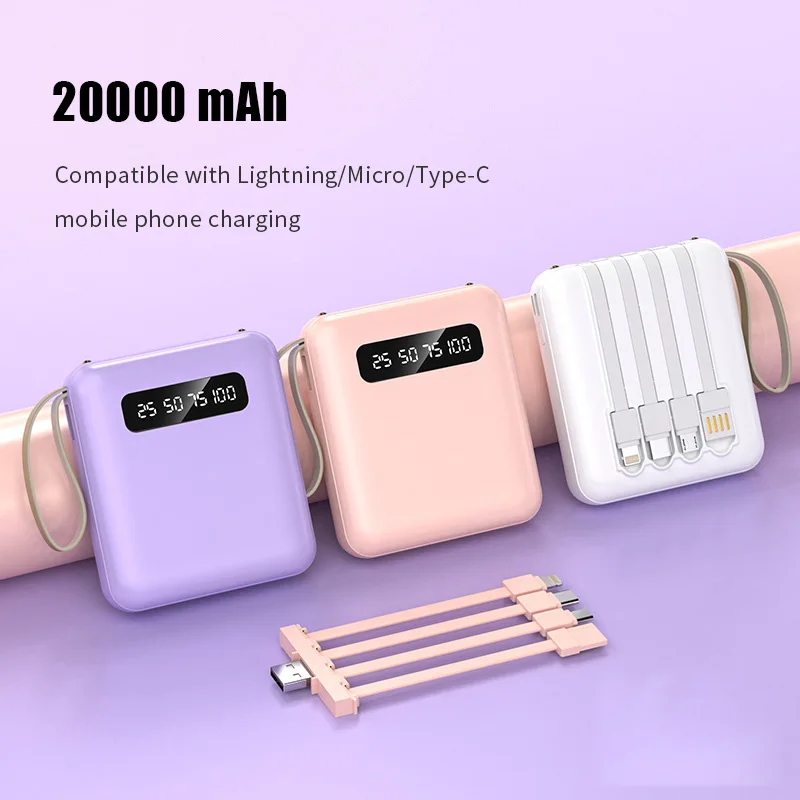 Portable Power Bank 20000mA with Cable Large Capacity Micro/Lightning/Type-C Output Mobile Phone External Battery Powers Supply - 3