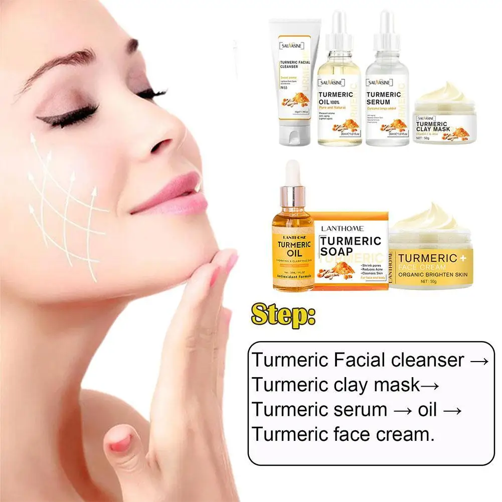 3/4pcs Face Care Sets Turmeric Facial Acne Cleansing Cream Anti-Aging Serum Remover Dark Spots Whitening Facial Oils Skin Care