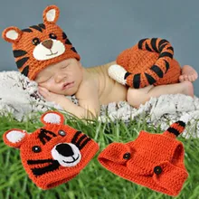 

Cute 2pcs/set Cartoon Baby Animal Costume Set Newborn Photography Props Handmade Crochet Clothing Knitted Tiger Style Costume
