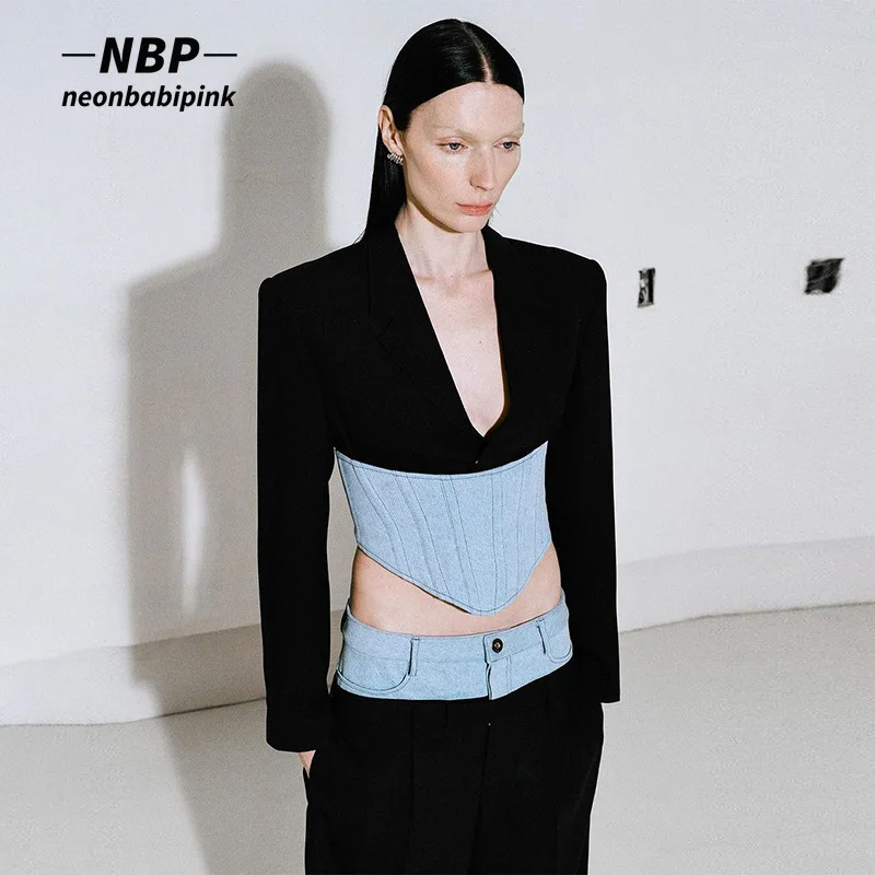 

NEONBABIPINK Patchwork Denim Cropped Jackets for Women Clothing 2023 New Arrivals Street Fashion Long Sleeve Top N71-FE32