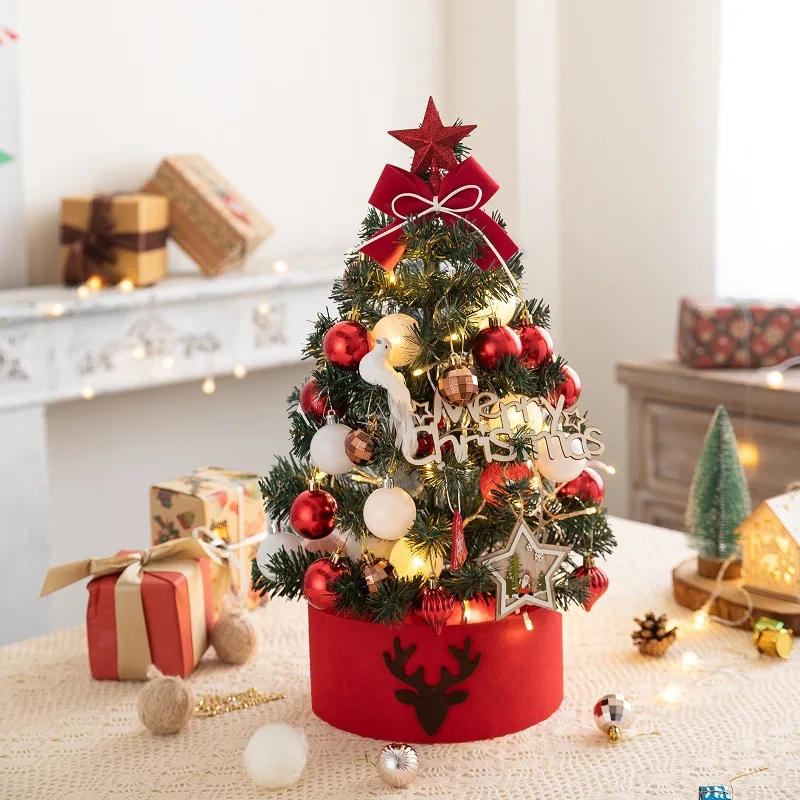 Desktop Mini Christmas Tree Golden Red Ball Flocking with Led Lights for New Year