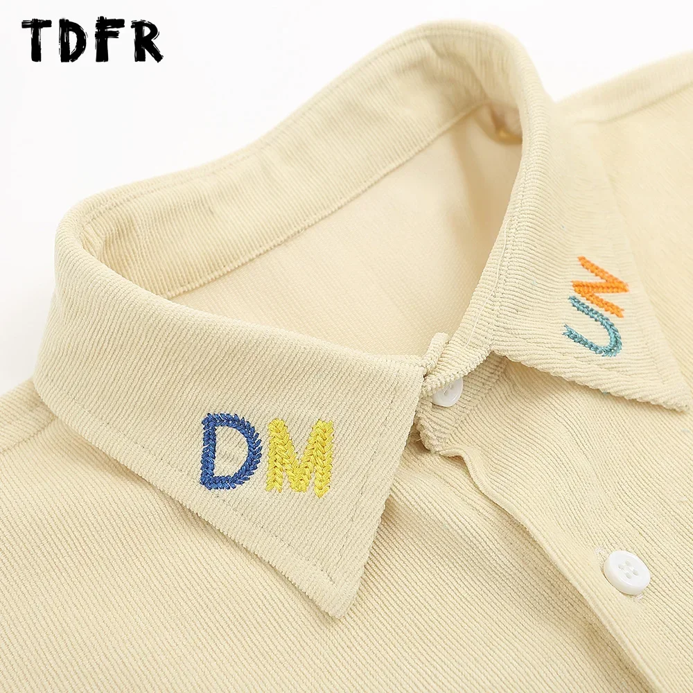 Mens Cartoon Embroidery Cargo Shirts Summer Retro Casual Streetwear Lapel Single Breasted Short Sleeve