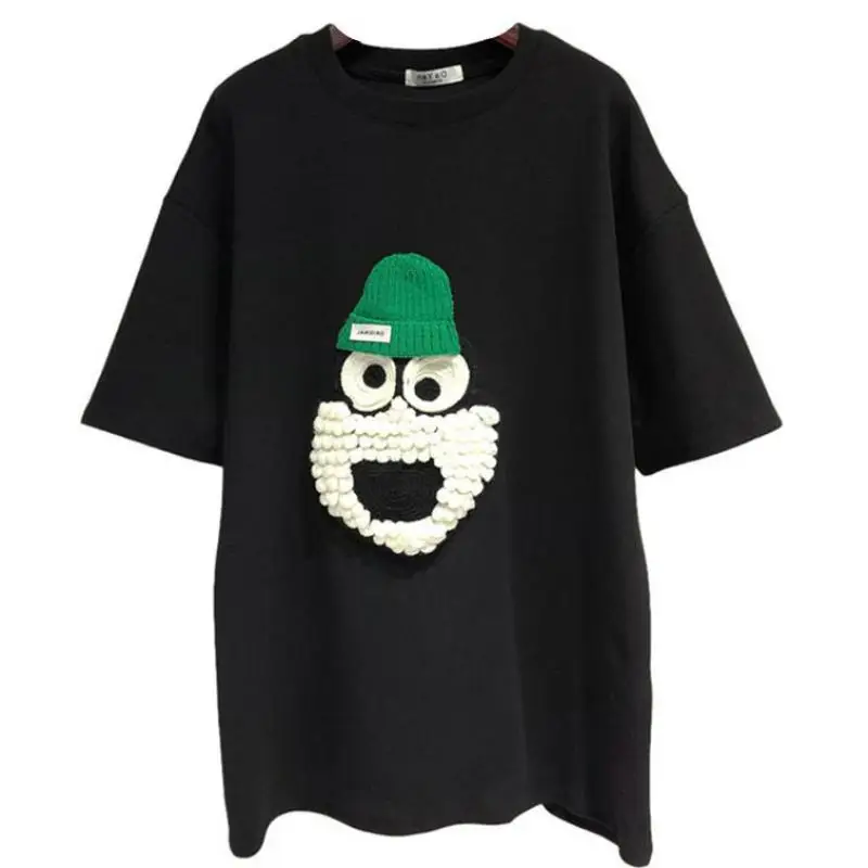 

Summer Fashion Cartoon Hong Kong Style Short-sleeved Women's T-shirt Black Casual Loose Tops Round Neck Tees Women