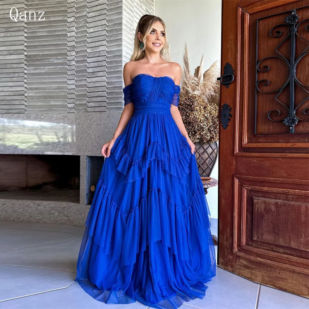 

Qanz Royal Blue Modest Evening Dresses Off The Shoulder Tulle Ruched Formal Occasion Dresses long a line prom dress women 2024
