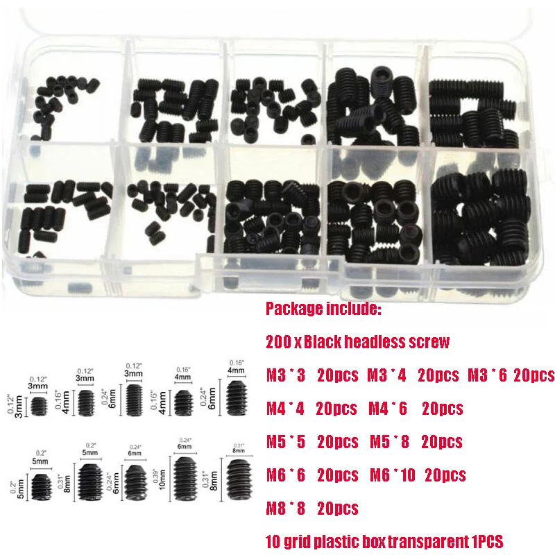 grub screw cup kit ponto variedade caixa recesso end preto 200pcs 04