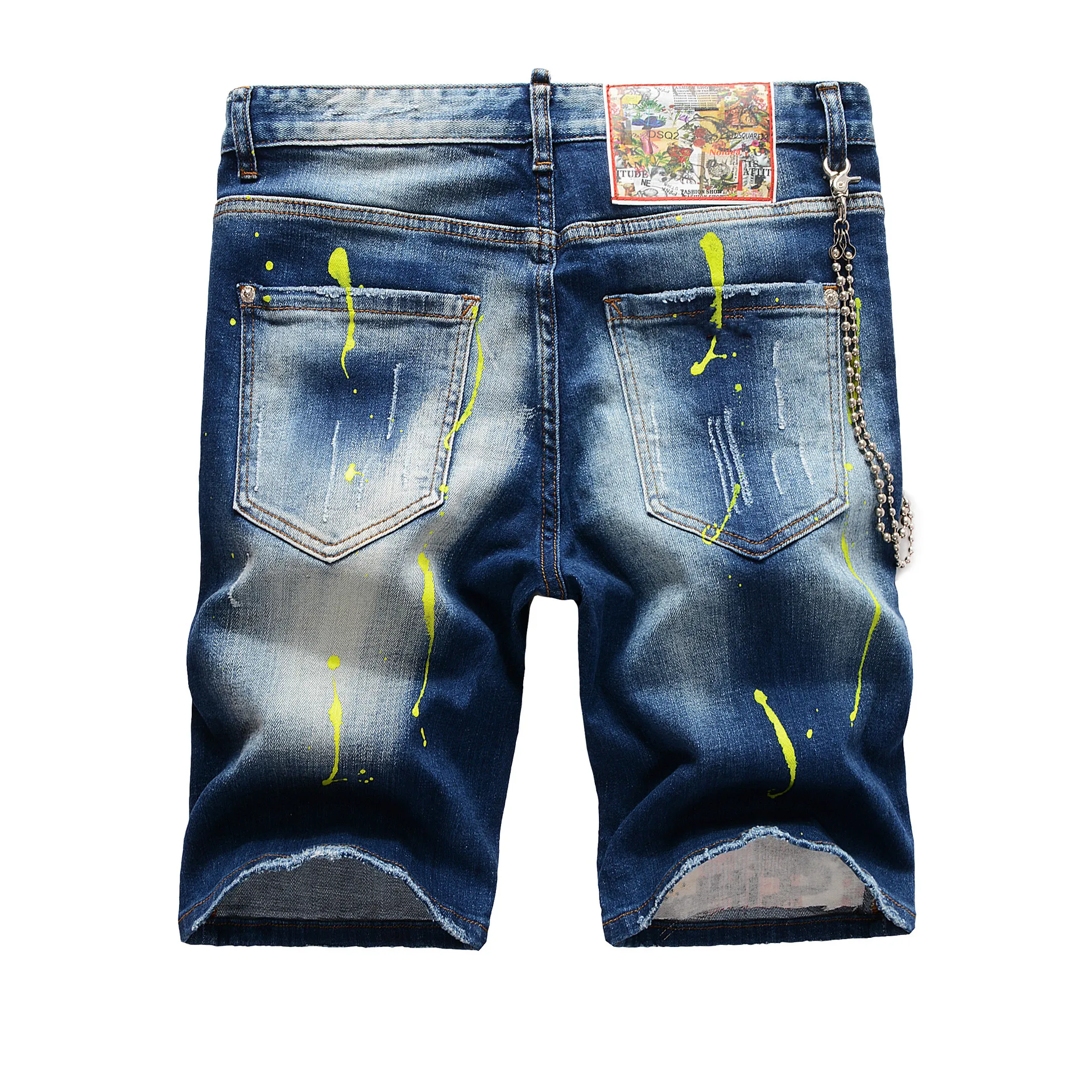 Perforated Metal Pendant Denim Shorts Men Scratched Patch Plaid Pants Cotton Red Ears Breathable Soft Elastic Fashion Summer2024